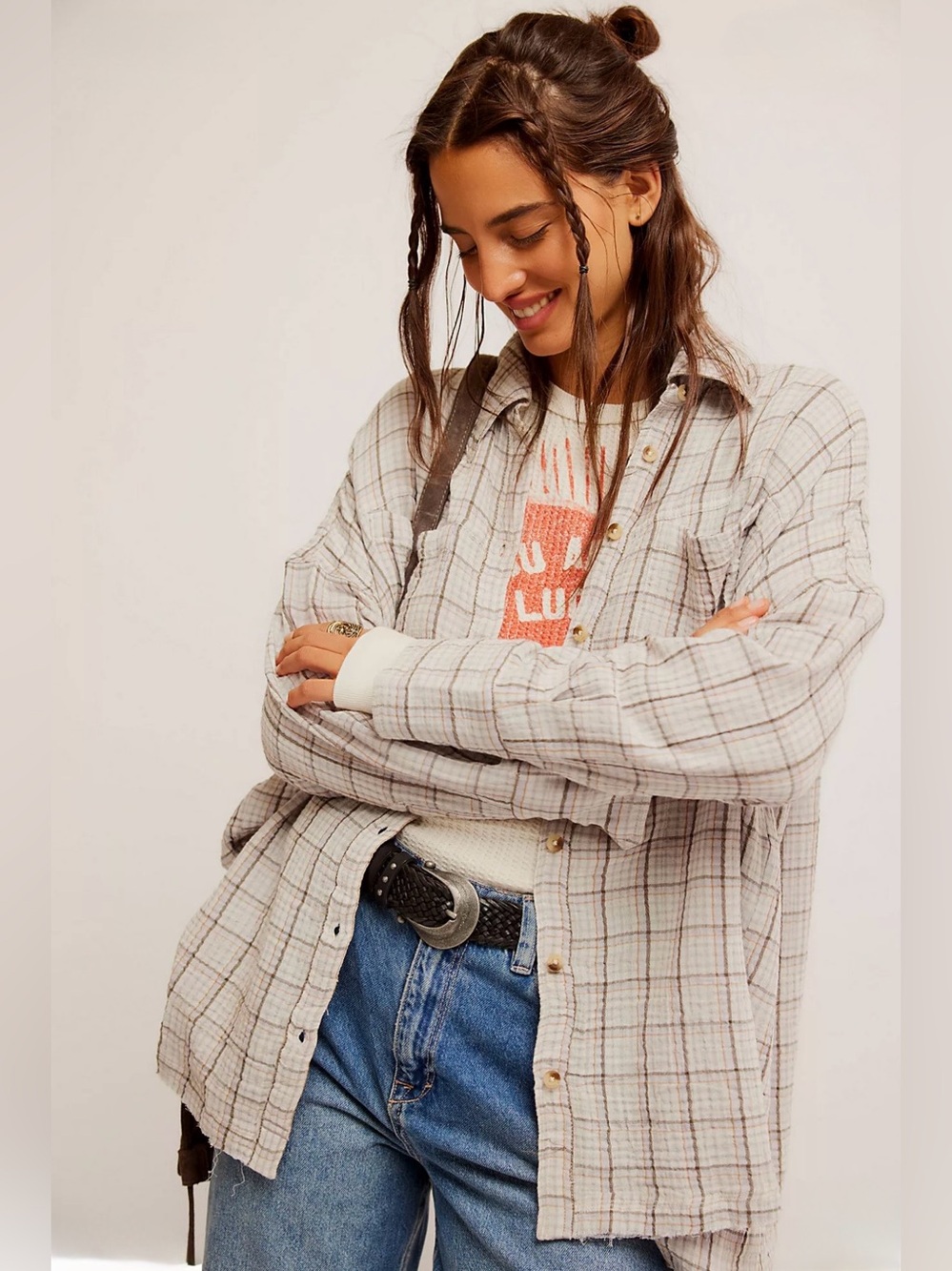 Free People We The Free Cardiff Plaid Top XS Oversized Flannel Button Up Shirt